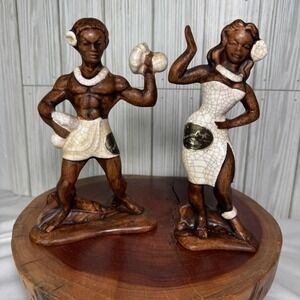 Vintage Treasure Craft of Hawaii Hula Dancer & Warrior Ceramic Figurine Set 2pc